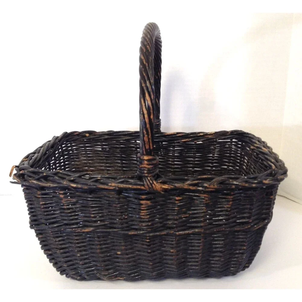 Vtg Wicker Basket Brown Gathering Bread Rattan Woven Country Farm Handle 13x6
